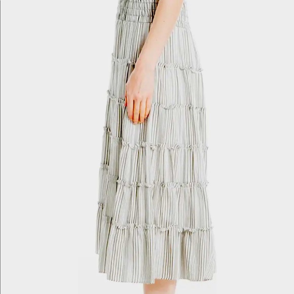 Max Studio Skirt Olive Striped Tiered Midi Green Gray Smocked Waist E-waist NWT - Picture 3 of 10